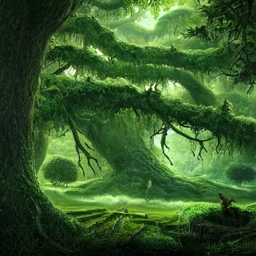 Image similar to A lush green ancient fantasy forest, with large trees and beautiful life, high details, realistic art.