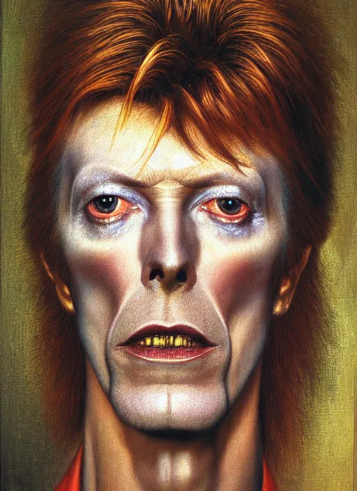 Prompt: hyper realistic oil painting of a portrait of david bowie, in the style of austin osman spare, wayne barlowe, gustav moreau, goward, bussiere and roberto ferri, santiago caruso, bouguereau, klimt, saturno butto, sorayama and tom bagshaw. occult art