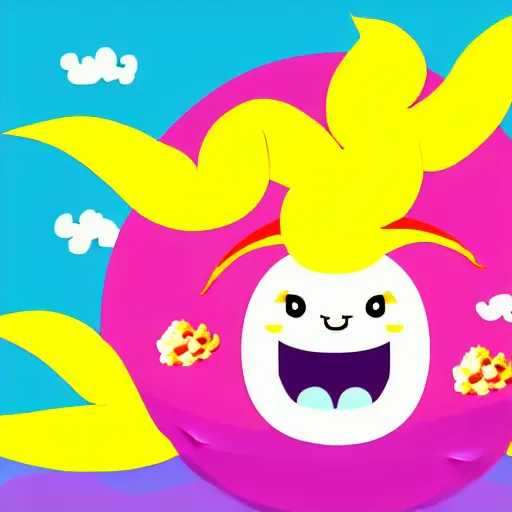 Image similar to kawaii wacky fluffy popcorn with lightning bolt power, yokai, in the style of a mamashiba, with a yellow beak, with a toroidal energy field, with a smiling face and flames for hair, sitting on a lotus flower, white background, simple, clean composition, symmetrical, suitable for use as a logo