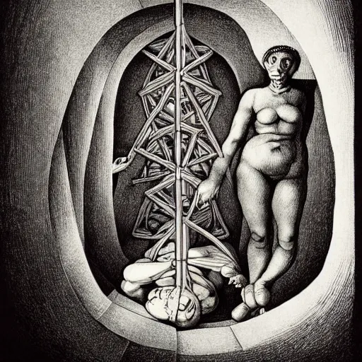 Image similar to lithography on paper secret layer dungeon conceptual figurative post - morden monumental dynamic portrait by goya and escher and hogarth, illusion surreal art, highly conceptual figurative art, intricate detailed illustration, controversial poster art, polish poster art, geometrical drawings, no blur