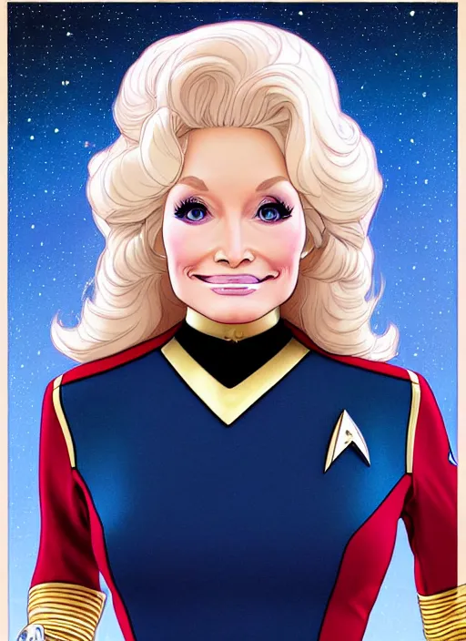 Prompt: cute star trek officer dolly parton, natural lighting, path traced, highly detailed, high quality, digital painting, by don bluth and ross tran and studio ghibli and alphonse mucha, artgerm