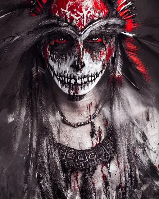 Image similar to the ghost - spirit of the grim - warpaint wears the scarlet skull armor and native blood headdress feathers, midnight fog - mist!, dark oil painting colors, realism, cinematic lighting, various refining methods, micro macro autofocus, ultra definition, award winning photo