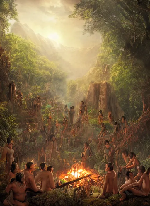 Prompt: a beautiful matte painting of an indigenous tribe around a bonfire in the jungle, fantasy art, epic lighting, beautiful composition, matte painting, highly detailed