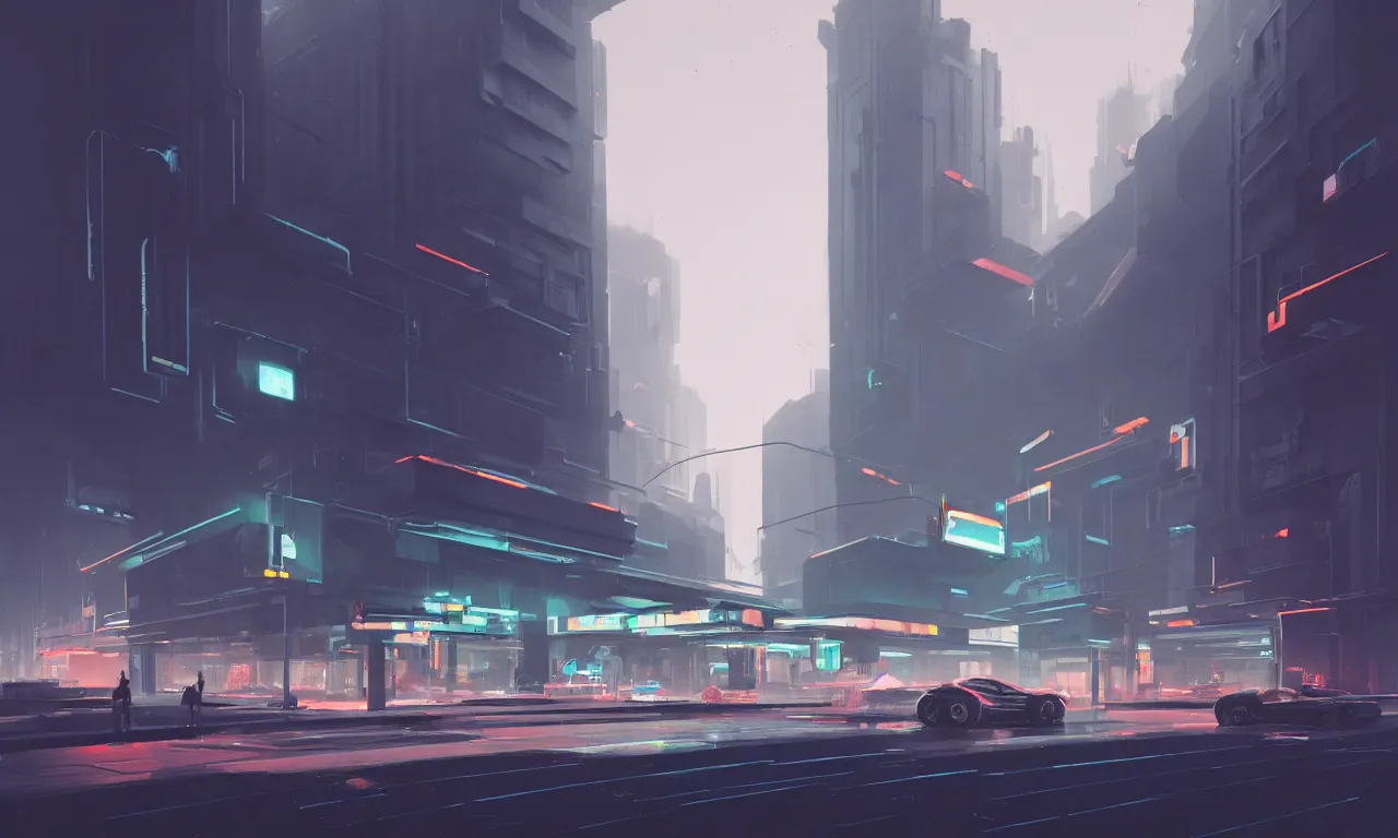 Prompt: streetscape, simple brutalist architecture, white neon lights, neon signs, flying vehicles, pedestrians, greg rutkowski, syd mead, ralph mcquarrie, concept art, matte painting, finely detailed, minimal artifacts, rule of thirds, dynamic lighting, cinematic, denoised, centered, artstation