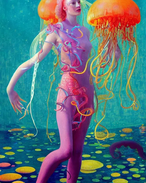 Image similar to a beautiful girl underwater wearing a colourful octopus as a dress and surrounded by glowing jellyfish, painted by edgar maxence, edward hopper, wayne barlowe and james gilleard, airbrush, art by jamesjean