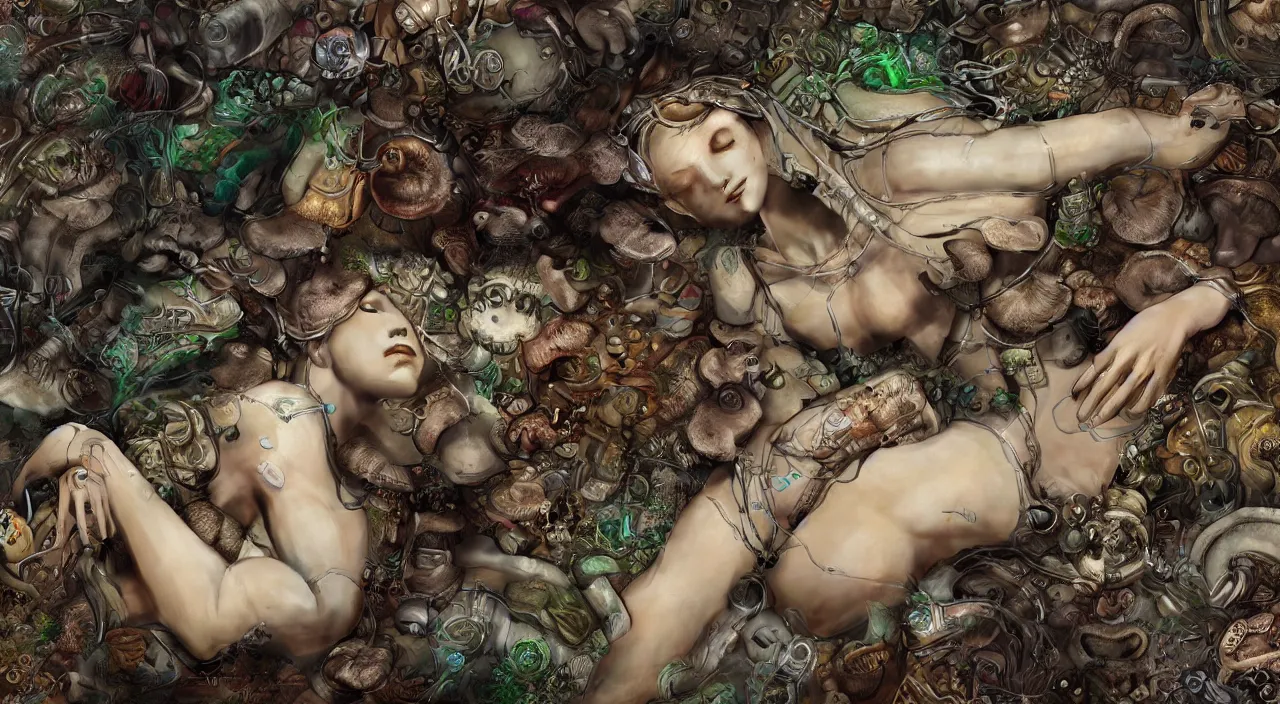 Image similar to a bio - mechanical pretty sleeping giant woman with mushrooms as camouflage highly detailed, cinematic, perfect face, cyberpunk, fine details, studio lighting, subtle shadows, art by katsuya terada, photo - realism, hyper realism, octane render