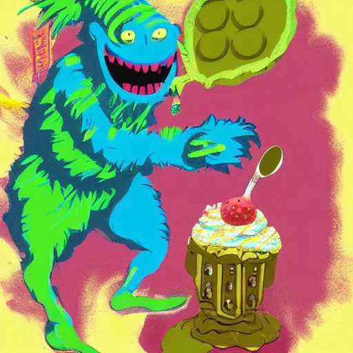 Image similar to a tennis ball monsters eating waffles, colorful, digital art, fantasy, magic, chalk, trending on artstation, ultra detailed, professional illustration by basil gogos