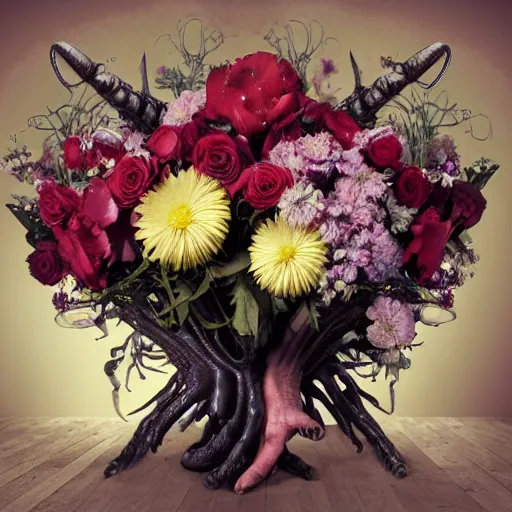 Prompt: An alien facehugger hiding in a bouquet of flowers, hi-res photo, gothic vibe, complex composition