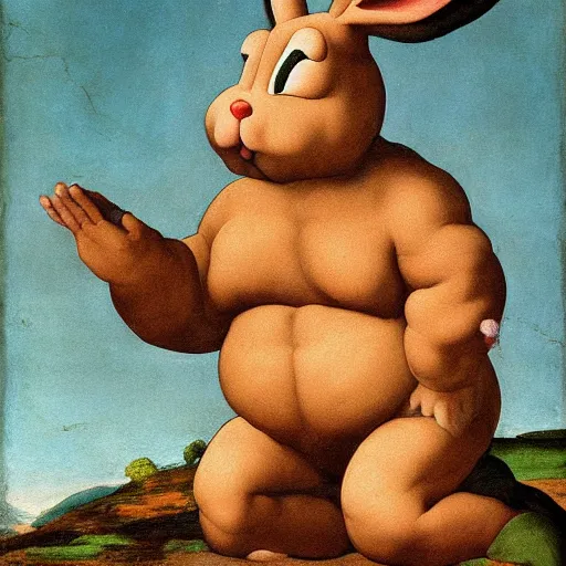 Prompt: obese bugs bunny painting, painted by michelangelo, renaissance painting, beautiful