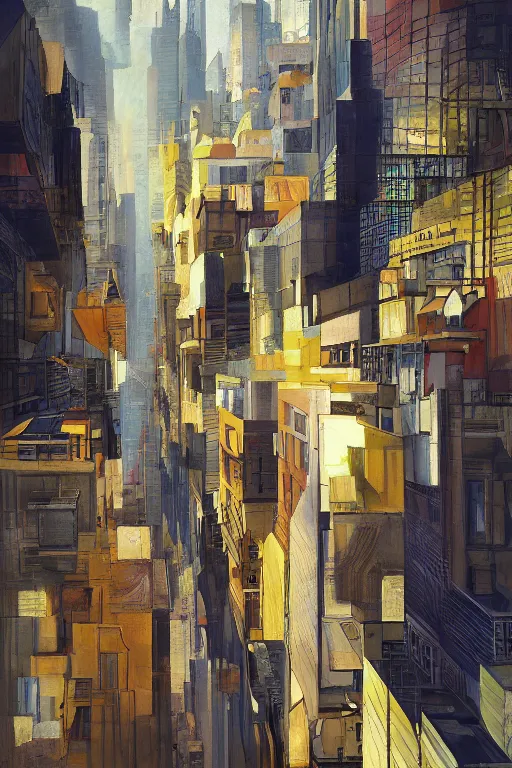 Image similar to a painting of a city with lots of buildings, a cubist painting by Jon Foster, trending on Artstation, deconstructivism, glitch art, greeble, cubism