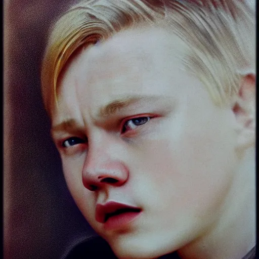 Image similar to realistic expired fuji film portrait of young albino leonardo dicaprio, hyperrealism, photorealistic, detailed, atmospheric, 8 k, award winning photography, cinematic