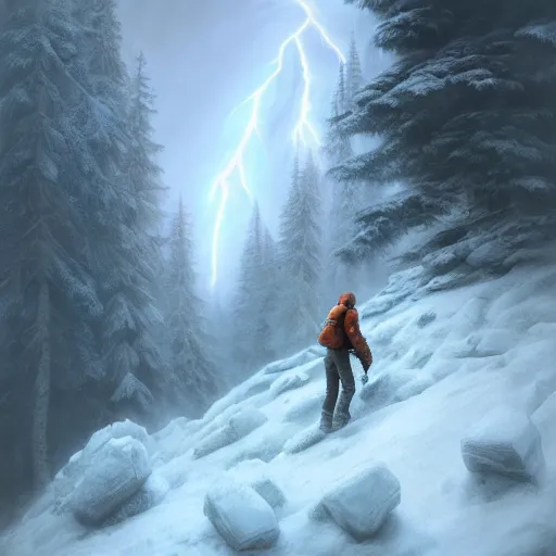 Prompt: climber, extreme cold, storm, octane rendering, volumetric lightning, hyperrealism, no blur, 4 k resolution, ultra detailed, style of ivan shishkin, tyler edlin, anato finnstark