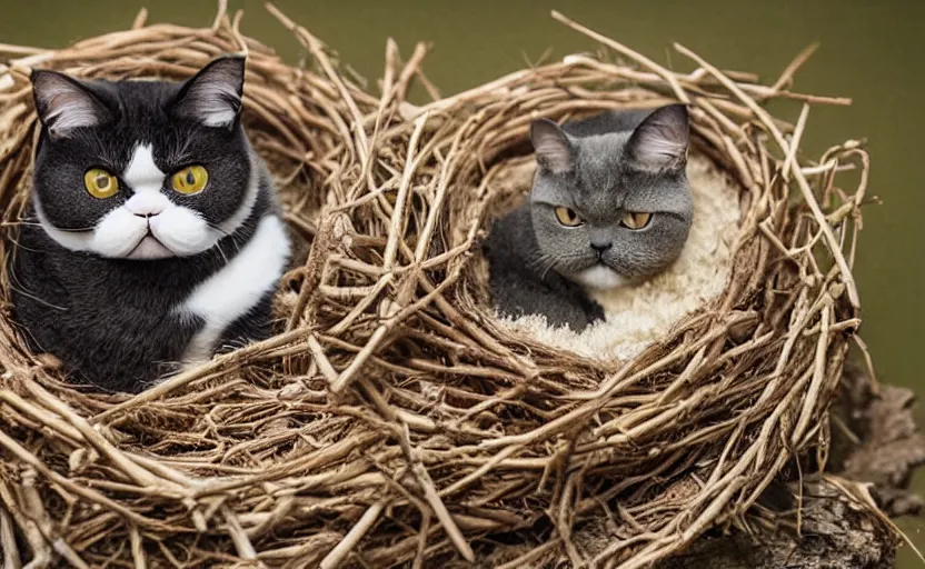 Prompt: An exotic shorthair cat guarding it's eggs in a nest made of sticks. cat with wings, bird wings, documentary, fluffy cat, pigeon, national geographic, odd, depth of field, photorealistic