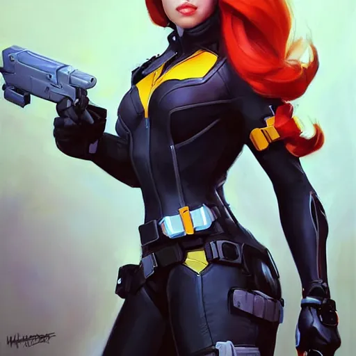 Image similar to greg manchess portrait painting of black widow as overwatch character, medium shot, asymmetrical, profile picture, organic painting, sunny day, matte painting, bold shapes, hard edges, street art, trending on artstation, by huang guangjian and gil elvgren and sachin teng