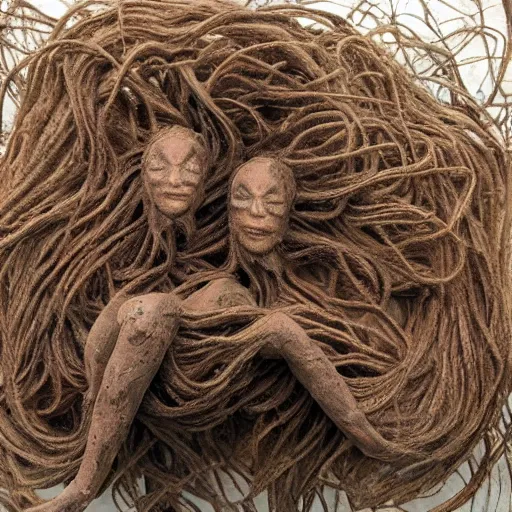 Image similar to dmt bodies. hundreds of humans; a full crowd. Mesh of many human figures intertwined. earthen colors. The medium of this sculpture is human hair. A mess of human hair. Matted hair woven dreadlock sculpture. Tangled splitend hair. barbershop floor. Sculpted of coconut fibers. Surreal fibrous art. Extremely realistic. HD Quality. Lifelike figures. Designed by August Rodine.