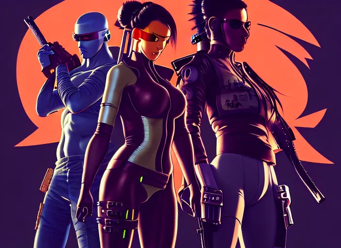 Image similar to cyberpunk samurai team. portrait by stonehouse and mœbius and will eisner and gil elvgren and pixar. character design. realistic proportions. cyberpunk 2 0 7 7 character art, blade runner 2 0 4 9 concept art. cel shading. attractive face. thick lines. the team. diverse characters. artstationhq.