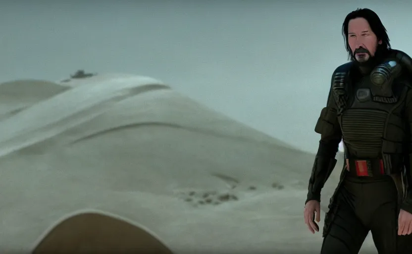 Prompt: Keanu Reeves! in Dune 2021, Cinematic Lighting, Movie Screenshot, Still, 4k, Movie Scene