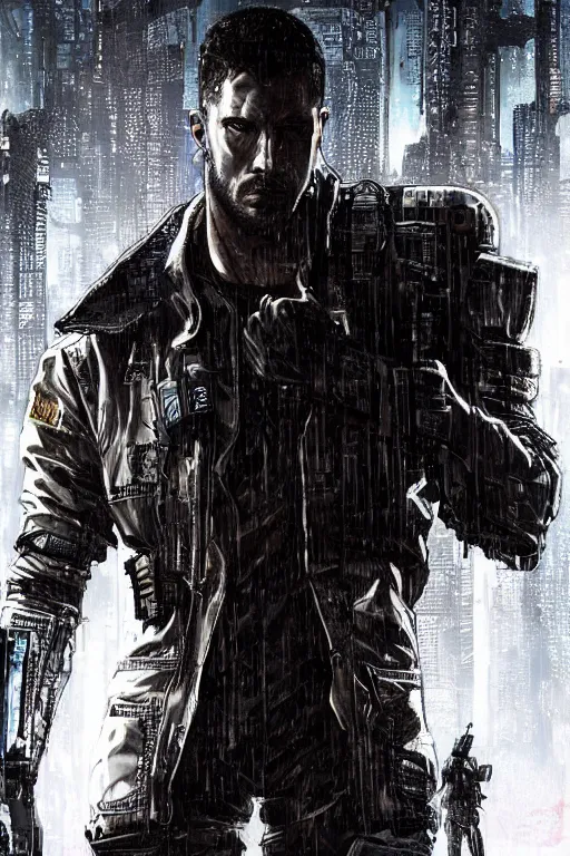 Prompt: cyberpunk military character ( blade runner 2 0 4 9, dystopian, cyberpunk 2 0 7 7 character design ). attractive face. portrait by james gurney and laurie greasley and yoji shinkawa, oil on canvas. cinematic composition, hyper realism, realistic proportions, anatomy, dramatic lighting, photorealistic, high detail, 4 k
