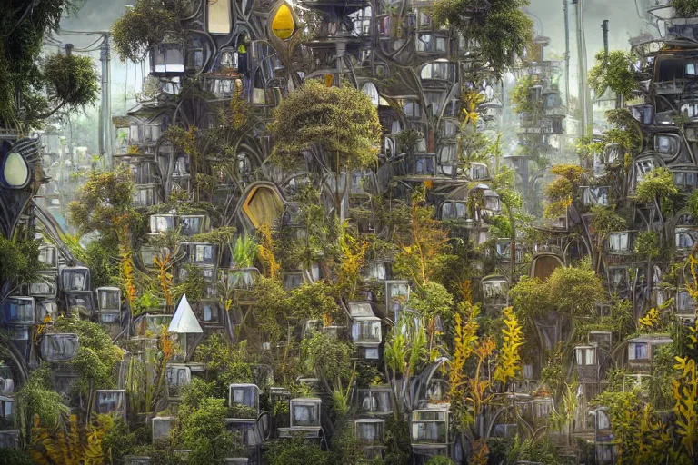 Image similar to futuristic foliage overgrowing detailed favela graveyard honeybee hive, art nouveau environment, industrial factory, award winning art, epic dreamlike fantasy landscape, ultra realistic,