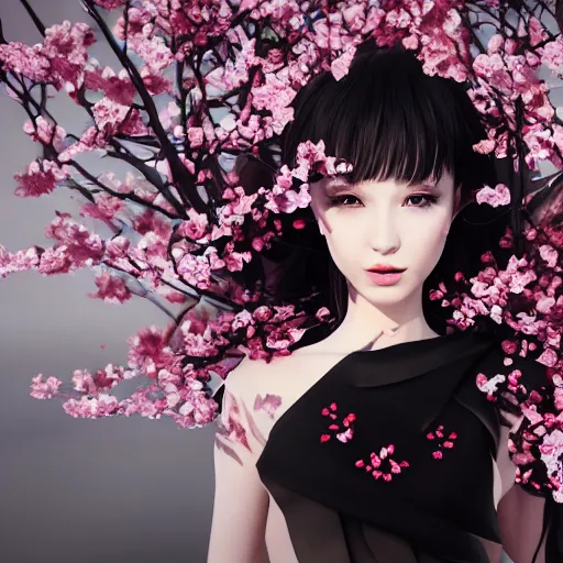 Image similar to beautiful girl in a dress made of black roses and cherry blossoms, beautiful portrait, symmetrical, character concept style trending on artstation concept art detailed octane render cinematic photo - realistic 8 k high detailed