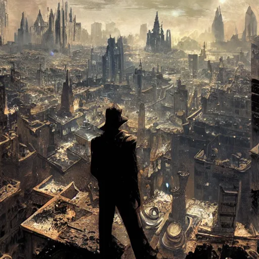 Image similar to a man overlooking town ruins, ashes, burning cathedral, D&D, Magic The Gathering, by Craig Mullins, intricate details, light rays from the surface, Nekro, Victo Ngai, centered, symmetrical, volumetric lighting