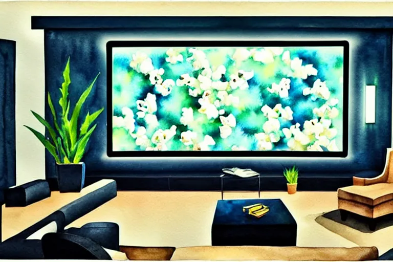 Prompt: very wide angle view, a modern home movie theater with big screen!!, stylish wall sconces lights, detailed art deco decoration!!, plants, popcorn machine, rough watercolor painting, trending on artstation