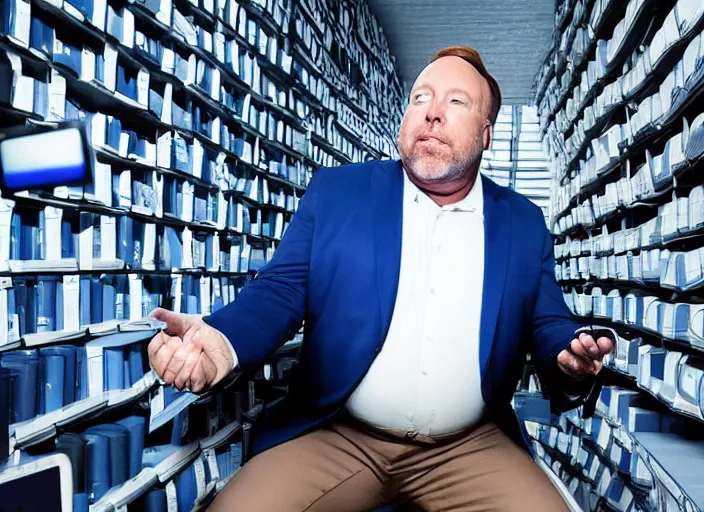 Image similar to dslr photo still of infowars host alex jones in a blue suit fat grey beard and mustache!!! sitting depressed!!! in a room filled to the ceiling with cell phones stacks of cell phones cell phones stacks cell phones filling the entire room, 5 2 mm f 5. 6