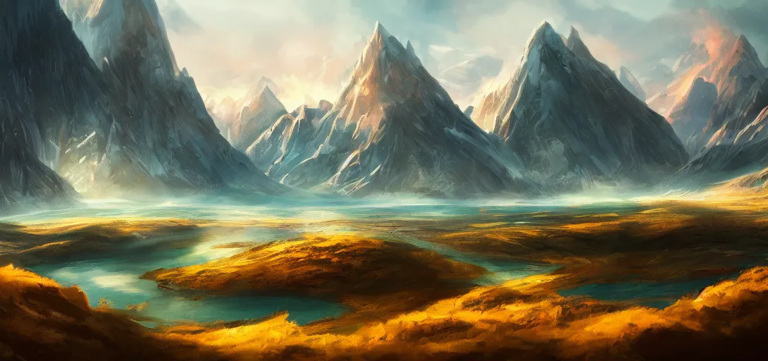 Image similar to vast beautiful landscape, color palette, wide angle, panoramic, distant mountains, lake, painting, magic the gathering, intricately detailed, award winning, artstation award, color scheme, fantasy, concept art