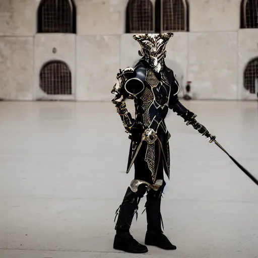 Prompt: Austin Butler dressed in futuristic-baroque duelist-garb and battle armor, standing in an arena, XF IQ4, f/1.4, ISO 200, 1/160s, 8K, RAW, unedited, symmetrical balance, in-frame