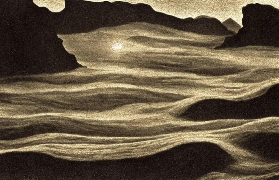 Image similar to minuscule curls of white foam reflection of the hills actually impossible dramatic biblical depictions the margins of a gothic illuminated manuscript intact flawless ambrotype from 4 k criterion collection remastered cinematography gory horror film, ominous lighting, evil theme wow photo realistic postprocessing along the seashore futuristic photograph by robert adams