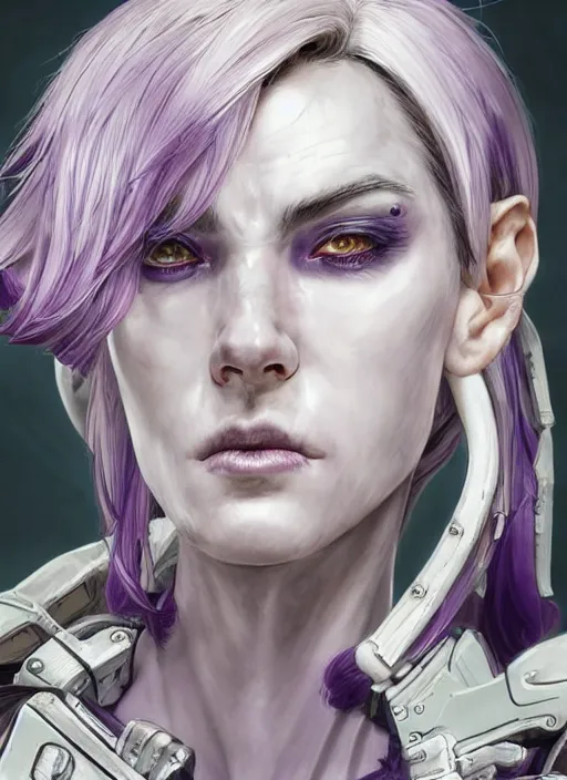 Image similar to close up portrait of a pale woman in sci - fi power armor with purple hair, powerful, domineering, stoic, masterful, eyepatch, intense, ultrafine hyperdetailed illustration by kim jung gi, irakli nadar, intricate linework, sharp focus, octopath traveler, yoji shinkawa, highly rendered, detailed, concept art