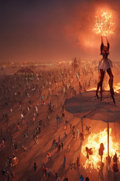 Image similar to a photo of a girl a burning man festival, powerful, cinematic, beautifully lit, by artgerm, by craig mullins, by galan pang, 3 d, trending on artstation, octane render, 8 k