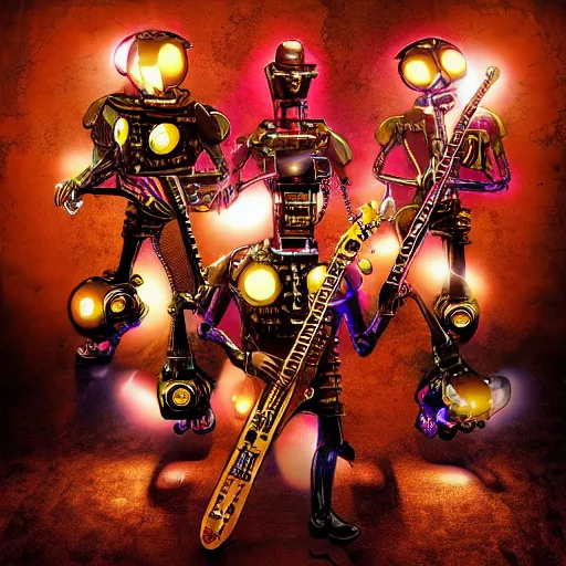 Image similar to album art, rockband with 3 steampunk robots playing guitar, text robos rock, 8 k, flourescent colors, halluzinogenic, multicolored, exaggerated detailed, front shot, 3 d render, octane