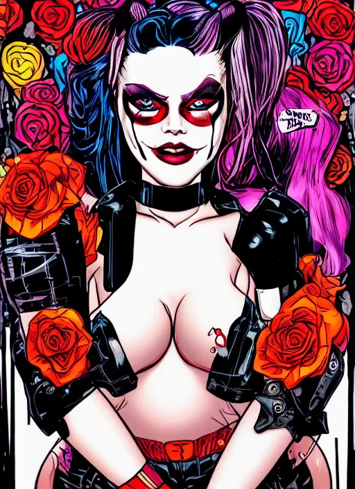 Prompt: closeup portrait of seductive harley quinn posing, roses, tension, jim lee, frank miller, night club, futurepunk, pinup, nagel, glamour pose, varga, moebius, gta v, dan mumford, mucha, nagel, fantasy tarot card, d & d, neon, black paper, vibrant, greg rutkowski,