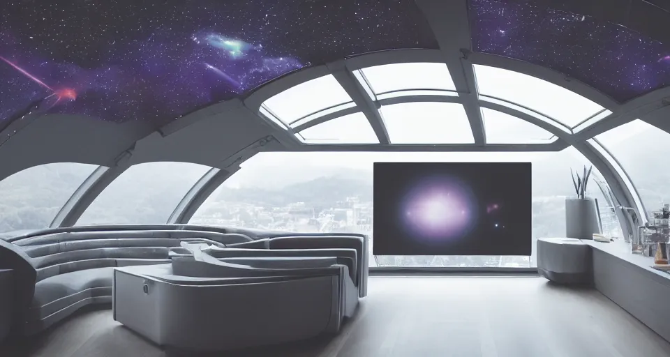Image similar to Film still of the bridge of a space ship, stars and nebula outside, huge viewscreen at front, control panels, dark walnut wood effect, pot plants, organic, white leather, high end interior, soft warm light, purple highlights, simple ceiling, soft edges, calm feeling, Cinestill colour cinematography, anamorphic, detailed, 4k, 8k, intricate, digital art, matte painting