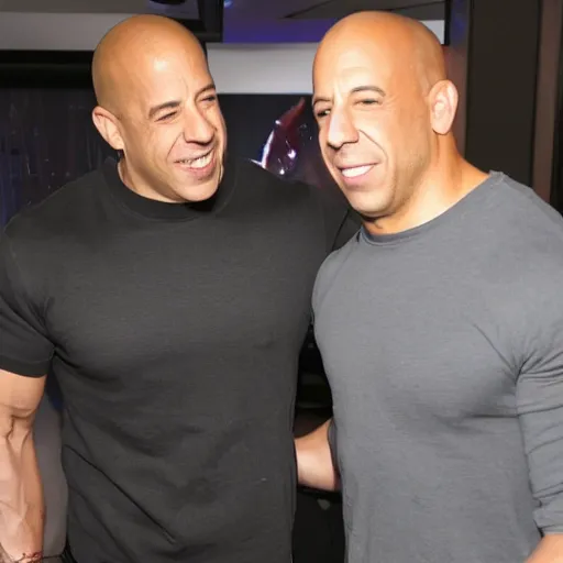 Image similar to a high quality photograph of vin diesel meeting Mark Sinclair