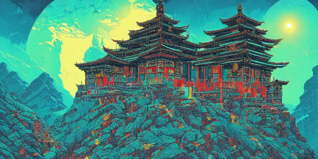 Image similar to Cyberpunk Dzogchen Mountain Temple, by Kilian Eng and Dan Mumford