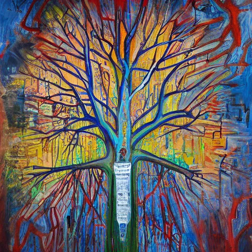 Prompt: foundation of conscience, tree of life, by emad and basquiat and macgyver, highly detailed, oil on canvas, featured on artstation