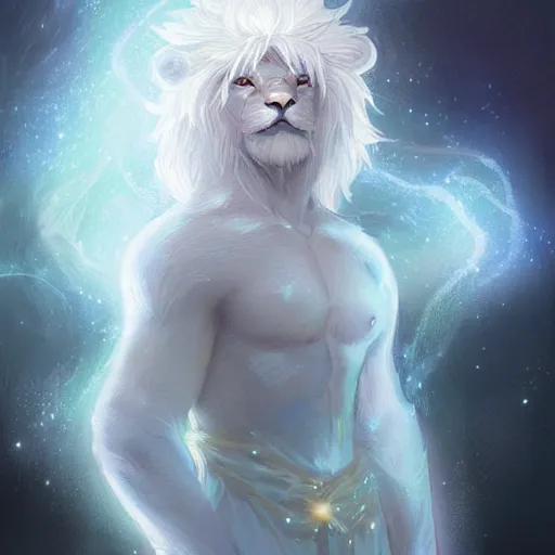 Prompt: aesthetic portrait commission of a albino male furry anthro lion surrounded by small glowing sparkles and wearing white glowing cloak, Character design by charlie bowater, ross tran, artgerm, and makoto shinkai, detailed, inked, western comic book art, 2021 award winning painting