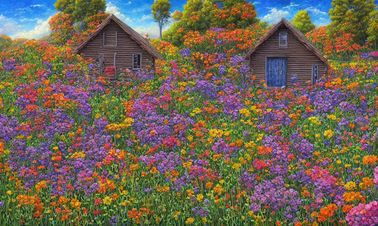 Image similar to a cabin in a mystical field of flowers illustration painting, oil on canvas, intricate, hd, digital art, overdetailed art, complementing colors, detailed, illustration painting by alex gray, digital art, moebius