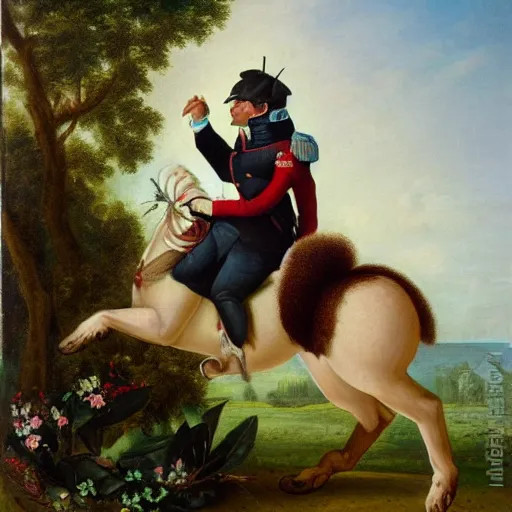 Image similar to a giant squirrel carrying napoleon bonaparte on its back, beach scene with flowers and foliage, detailed oil painting