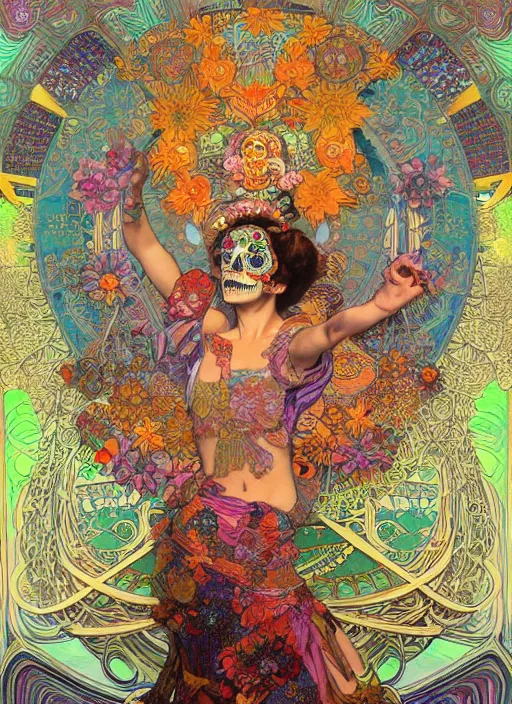 Image similar to realistic detailed psychedelic poster art of a cute fractal Día de los Muertos girl dancing by Victor Moscoso Rick Griffin Alphonse Mucha Ayami Kojima Amano Charlie Bowater, masterpiece