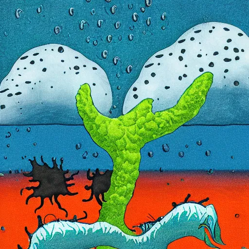 Image similar to nightmare monster emerging from sea surface, but monster is dendritic, thunderstorm in background, color