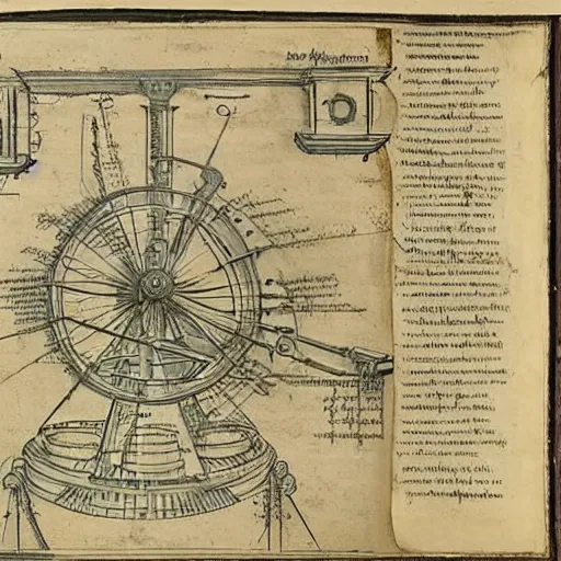 Image similar to The blueprint of making a Perpetual motion machine on the Parchment, medevial, scretch, Da Vinci.