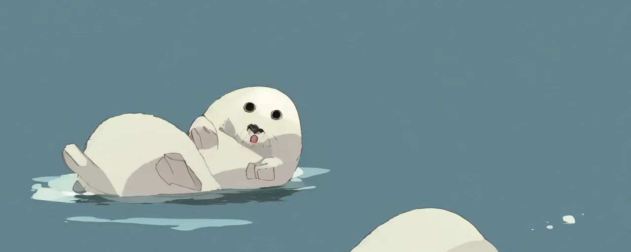 Image similar to a baby harp seal looking distressed, floating on ice away from land, atey ghailan, goro fujita, studio ghibli, rim light, gray lighting, clear focus, very coherent,