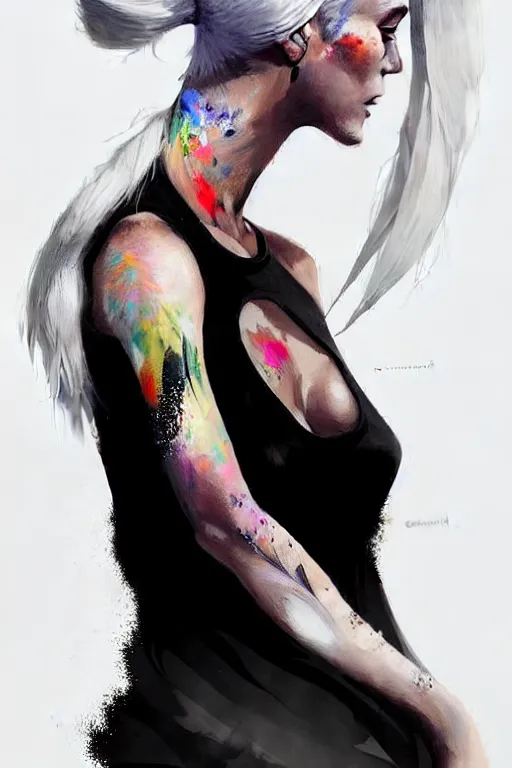 Prompt: a ultradetailed beautiful full body painting of a stylish woman in with white hair in a ponytail, she is wearing a black tank top, by conrad roset, greg rutkowski and makoto shinkai trending on artstation