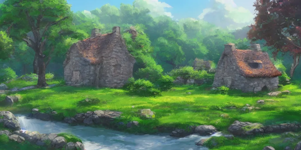 Prompt: a serene landscape with a small medieval stone house near a river in the style of Pixar, anime style, low saturation, high quality, highly detailed, 4k, complementary colours, cartoon