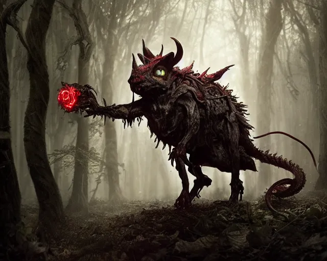 Image similar to 5 5 mm portrait photo of an armored demonic rat zombie with horns and red eyes, in a magical forest. magical atmosphere. art by greg rutkowski. highly detailed 8 k. intricate. lifelike. soft light. nikon d 8 5 0.