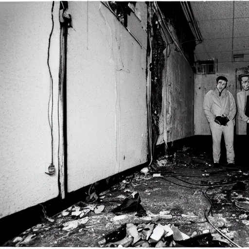 Image similar to two men in black, looking at a black hole in the dark grimy grungy basement of an abandoned apartment block, wires, cables, grainy black and white photography, 2 0 mm lens