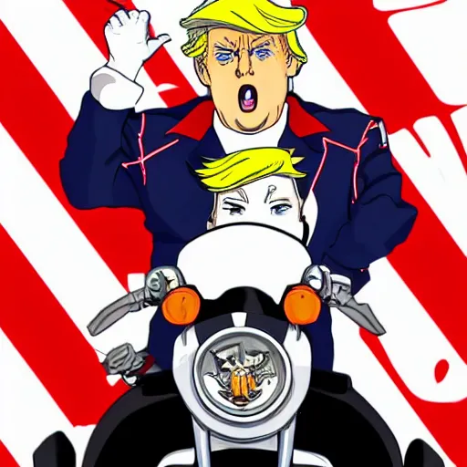 Prompt: Anime of Donald trump wearing a leather jacket, riding Harley motorcycle,